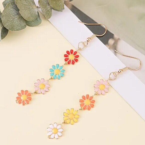 Earrings Flower Enamel Dangle Simple Boho Drop Colorful Retro Fun Trendy Stylish - Picture 4 of 5